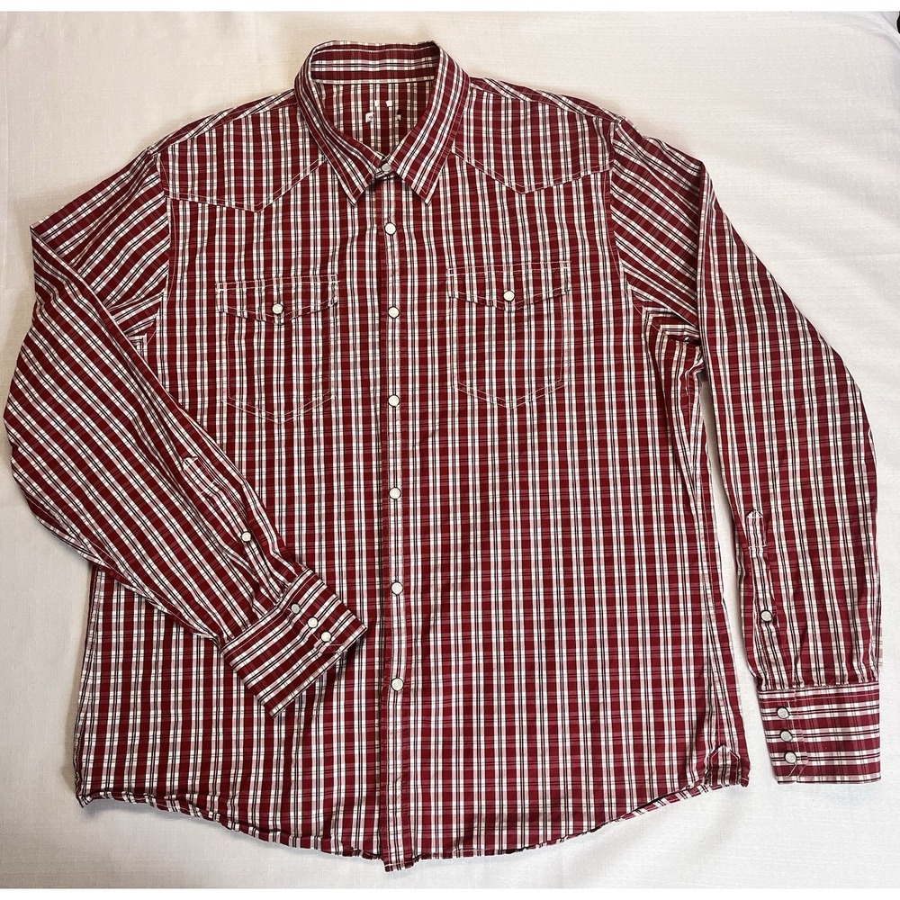 Pearl Snap Western Shirt L/XL ? Red White Plaid Cotton Rancher Rodeo Christmas